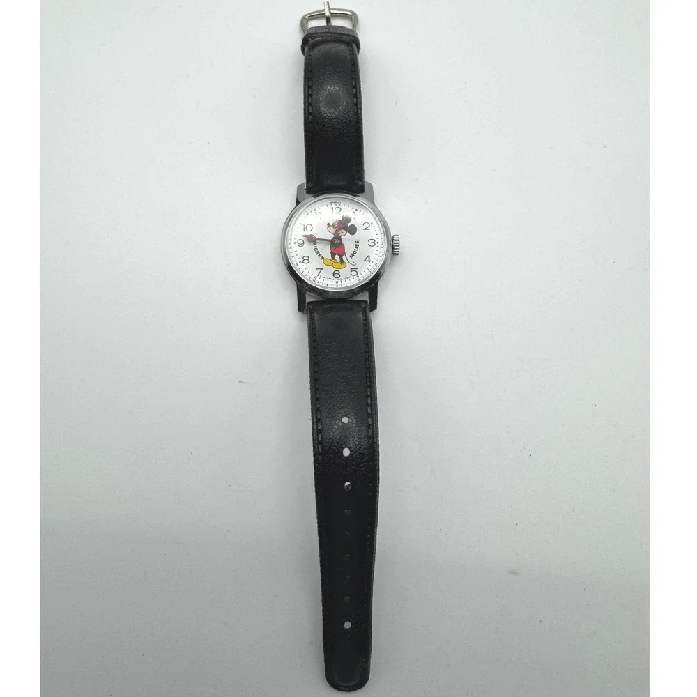Vintage Mickey Mouse Wrist Watch Bradley Time Division Black‎ Leather Strap